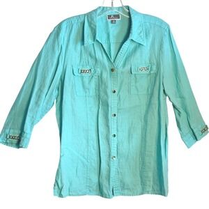 JM Collection Petite 100% Linen Shirt Aqua Blue 14P Chain Links Coastal Chic 14P
